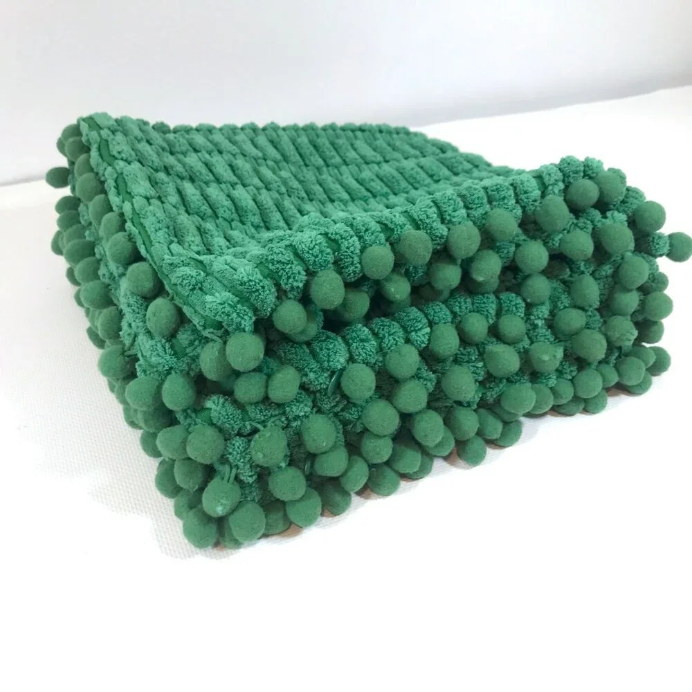 Square Chenille Pillow Cover with Pom Pom Detail Throw Pillow Slipcover Green
